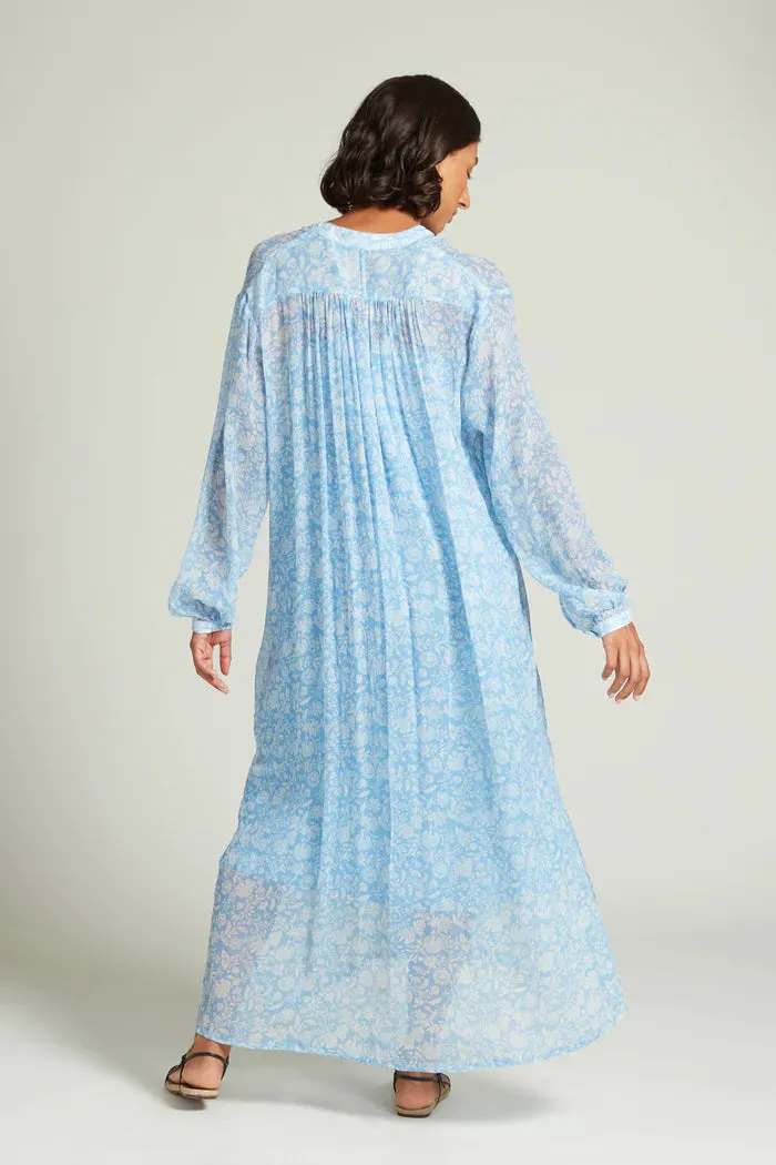 Silk Long Sleeve Button Down Maxi Dress in Little Boy Blue