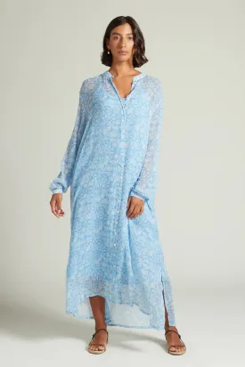 Silk Long Sleeve Button Down Maxi Dress in Little Boy Blue