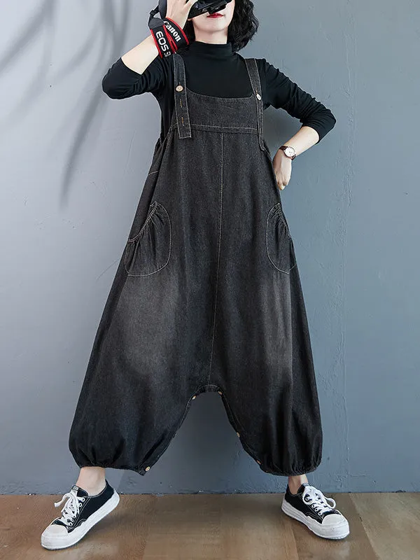 Simple Denim Buttoned Overalls&Dress