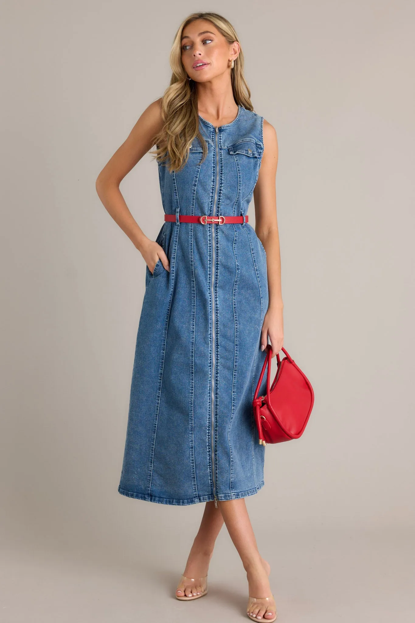 Simple Grace Denim Sleeveless Midi Dress