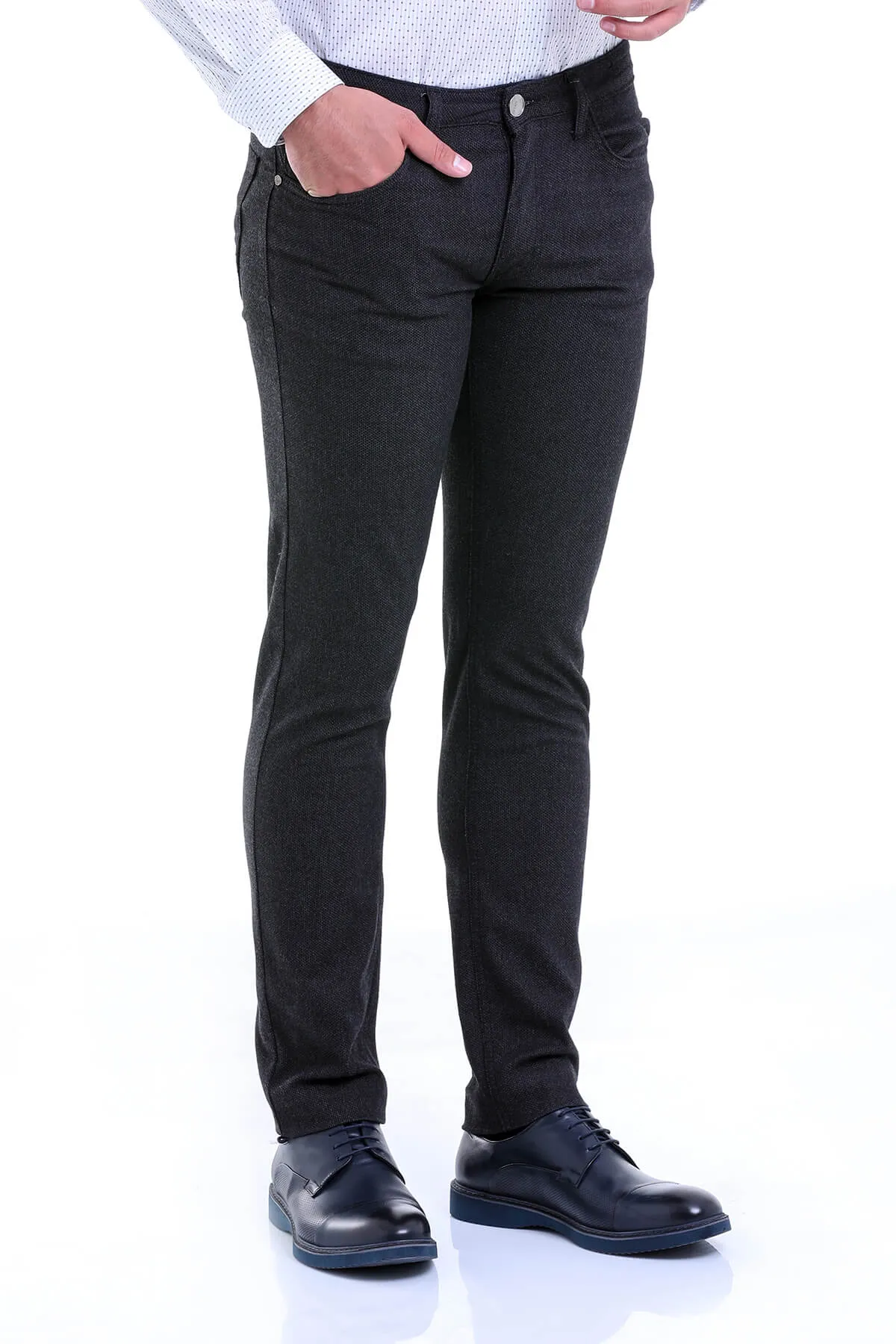 Slim Fit 5 Pocket Low Waist Unpleated Cotton Black Casual Pants, Black D.