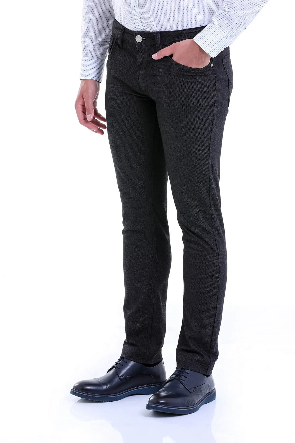 Slim Fit 5 Pocket Low Waist Unpleated Cotton Black Casual Pants, Black D.