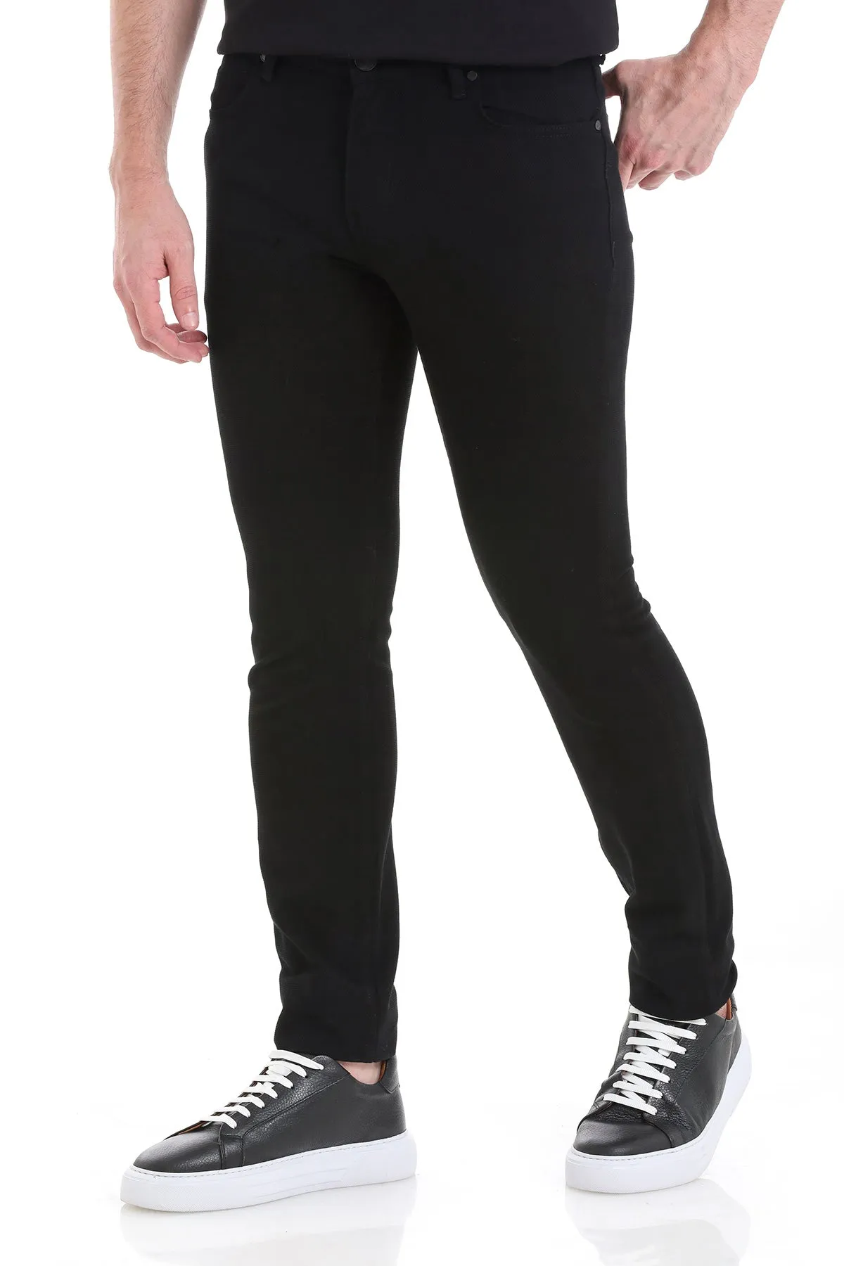 Slim Fit 5 Pocket Low Waist /  Unpleated Cotton Casual Pants, Black D.