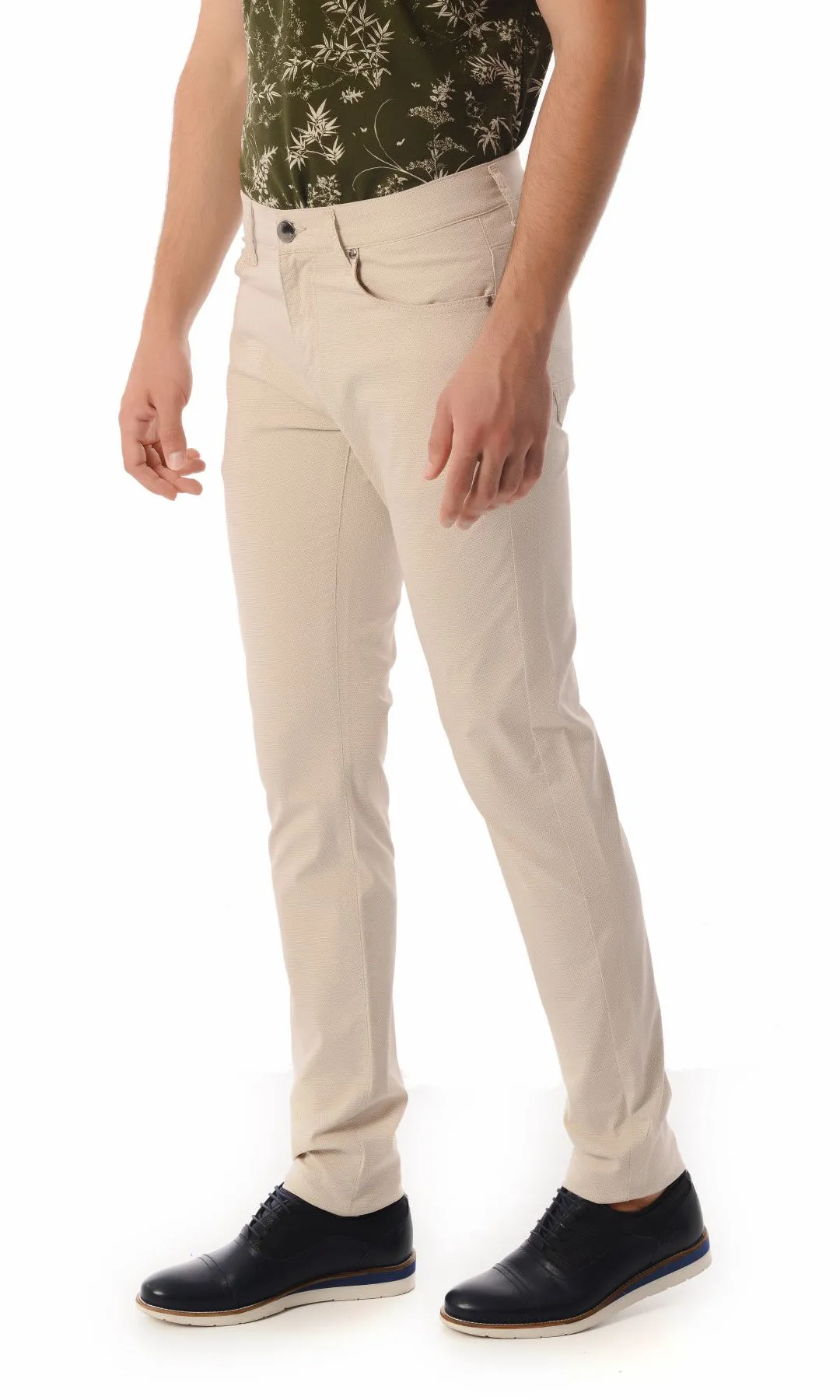 Slim Fit 5 Pocket Low Waist Unpleated Cotton White Casual Pants, Beige D.1