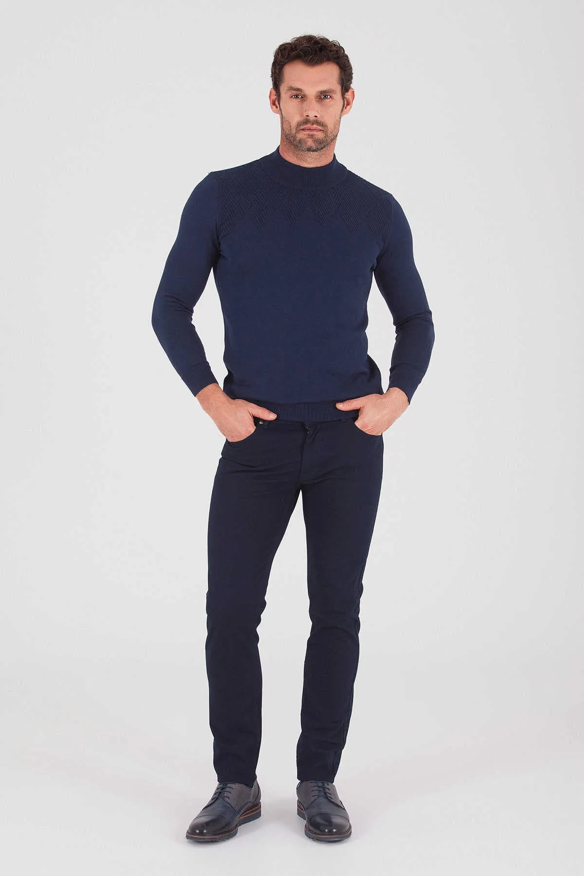 Slim Fit 5 Pocket Navy Low Waist Cotton Casual Pants