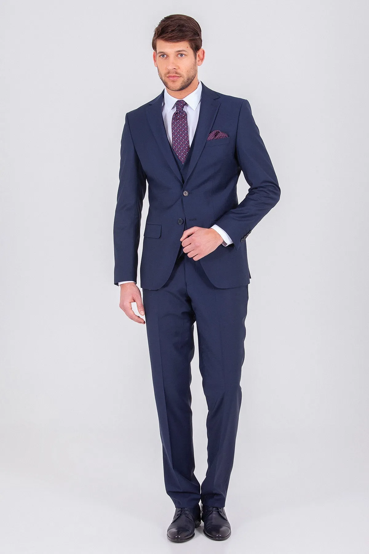 Slim Fit Notch Lapel Navy Wool Blend Classic Suit with Vest