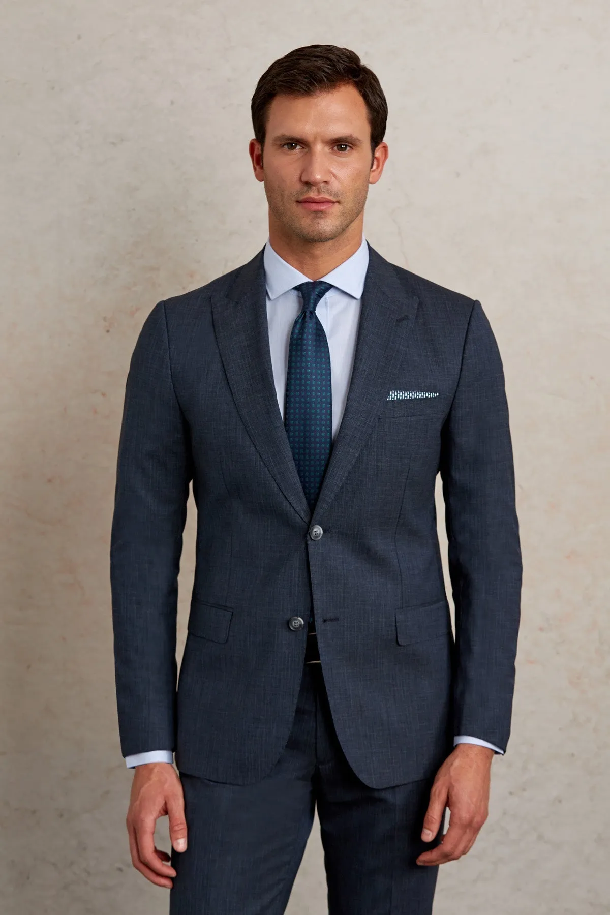 Slim Fit Wool Blend Navy Peak Lapel Classic Suit