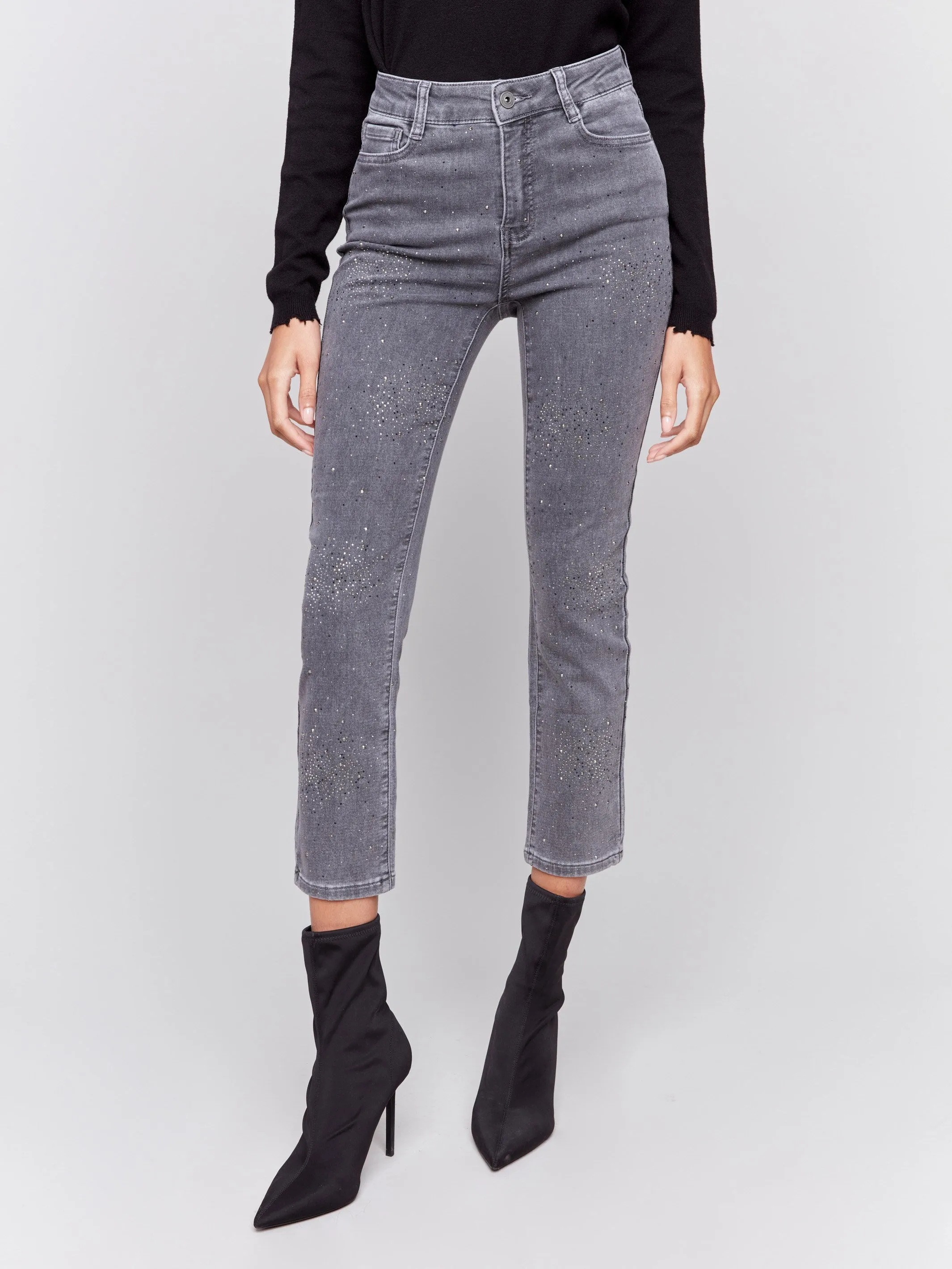 Soft Denim Pants with All-Over Studs - Medium Grey