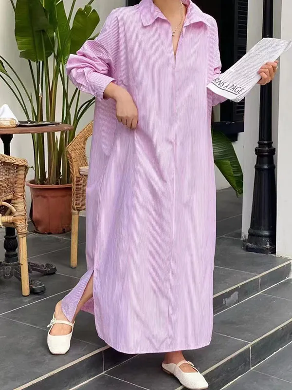 Striped Long Sleeves Loose Lapel Shirt Dress Midi Dresses