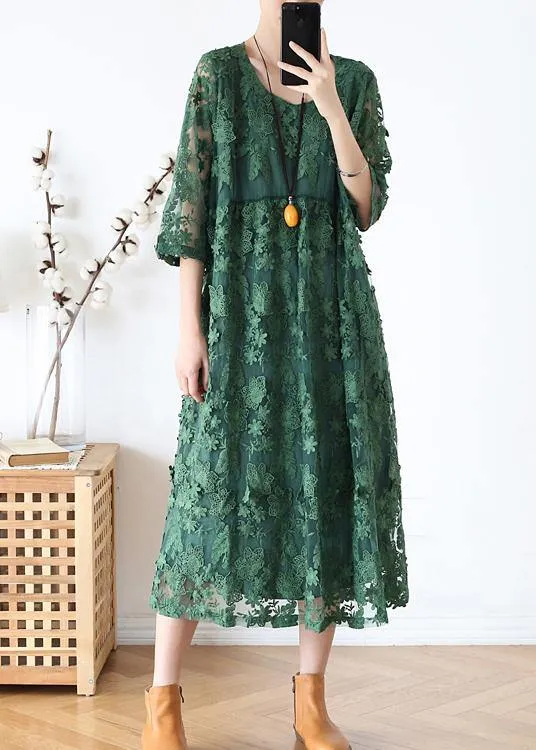 Stylish Green Embroideried Half Sleeve Party Summer Lace Dress