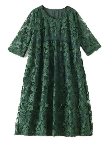 Stylish Green Embroideried Half Sleeve Party Summer Lace Dress