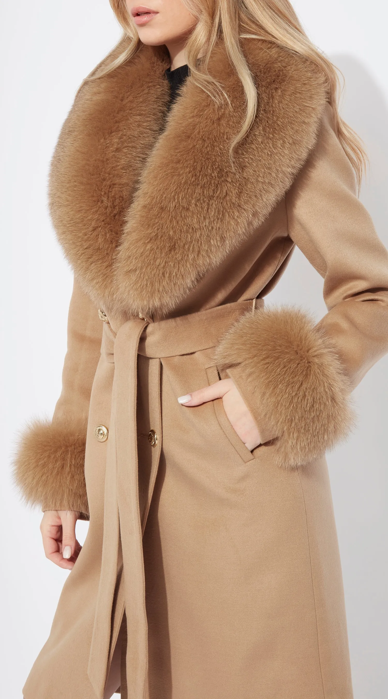 Supreme Luxy Cashmere & Fox Fur Belted Coat - Camel