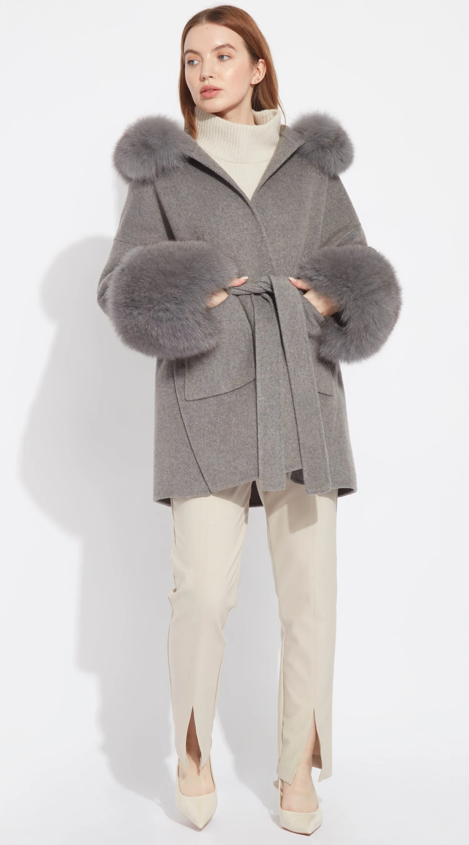 The London Cashmere & Fox Fur Belted/Cuffed Coat - Grey