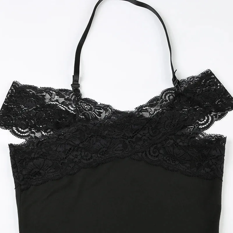 Uniwim Black Halter Lace Patched Off Shoulder Dress