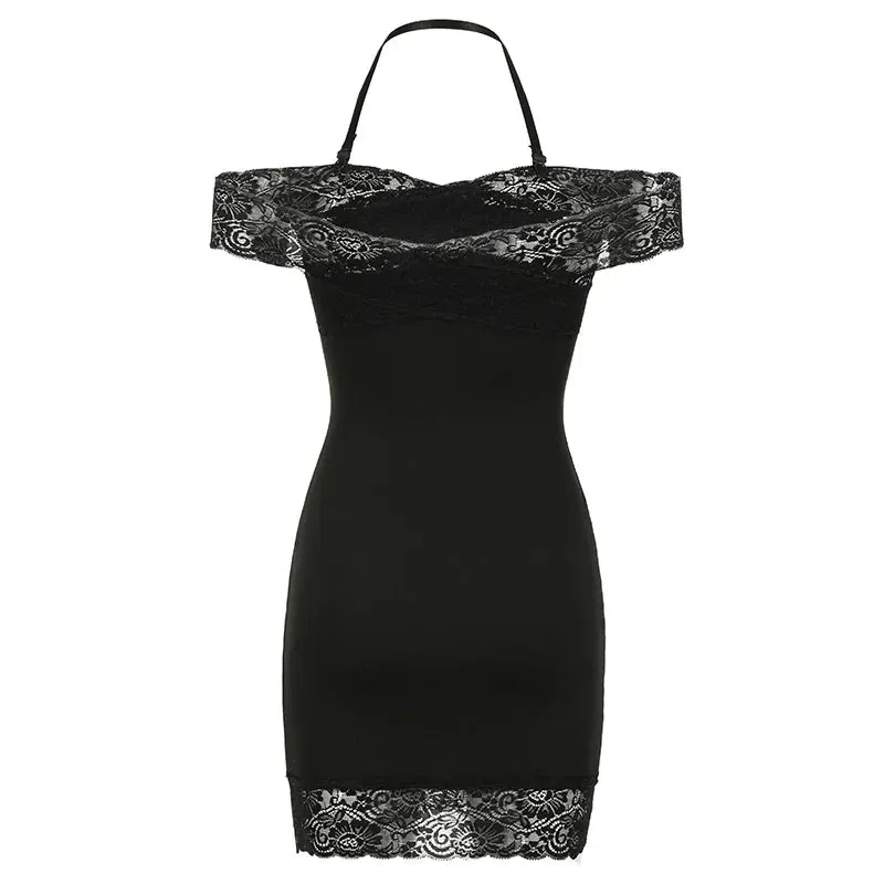 Uniwim Black Halter Lace Patched Off Shoulder Dress