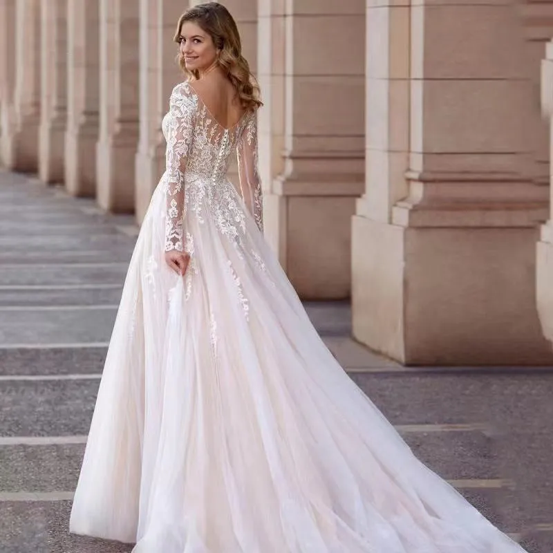 V-Neck Tulle A-Line Long Sleeves Wedding Dress Sweep Train Bridal Dress