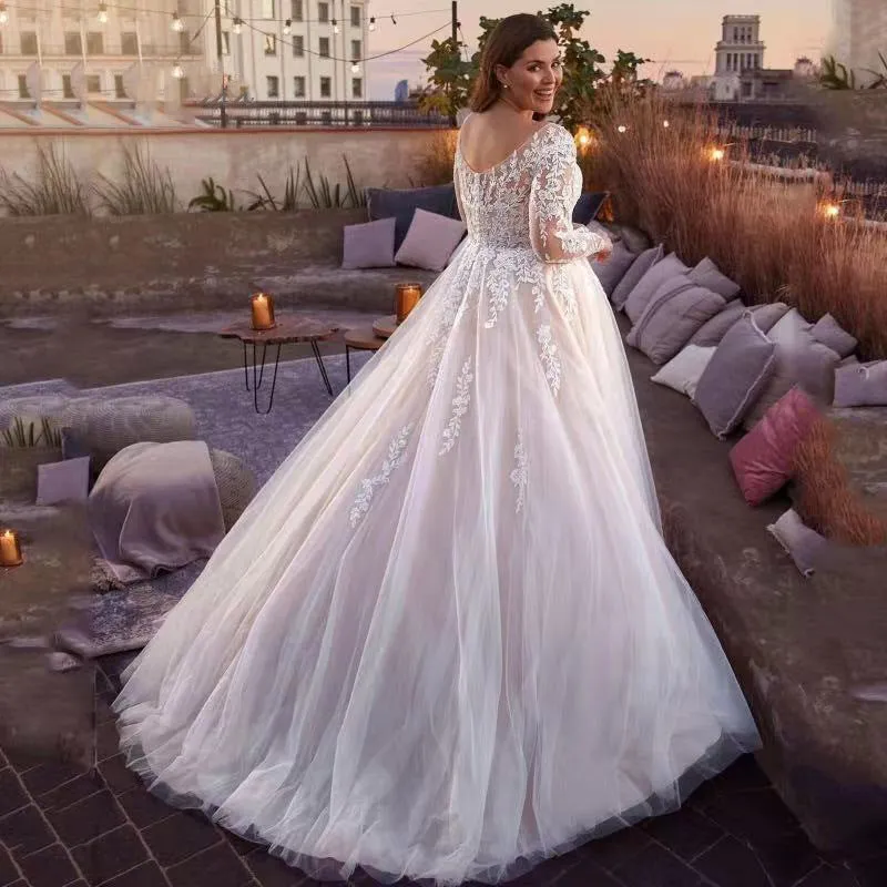 V-Neck Tulle A-Line Long Sleeves Wedding Dress Sweep Train Bridal Dress