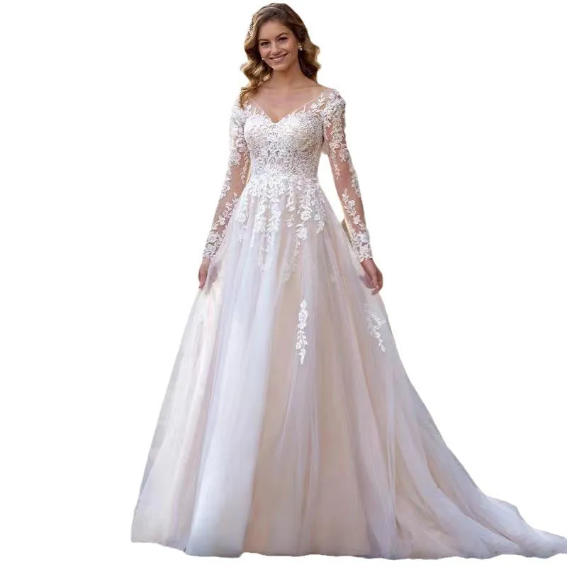 V-Neck Tulle A-Line Long Sleeves Wedding Dress Sweep Train Bridal Dress