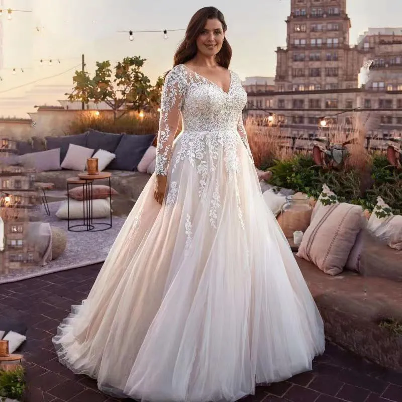 V-Neck Tulle A-Line Long Sleeves Wedding Dress Sweep Train Bridal Dress