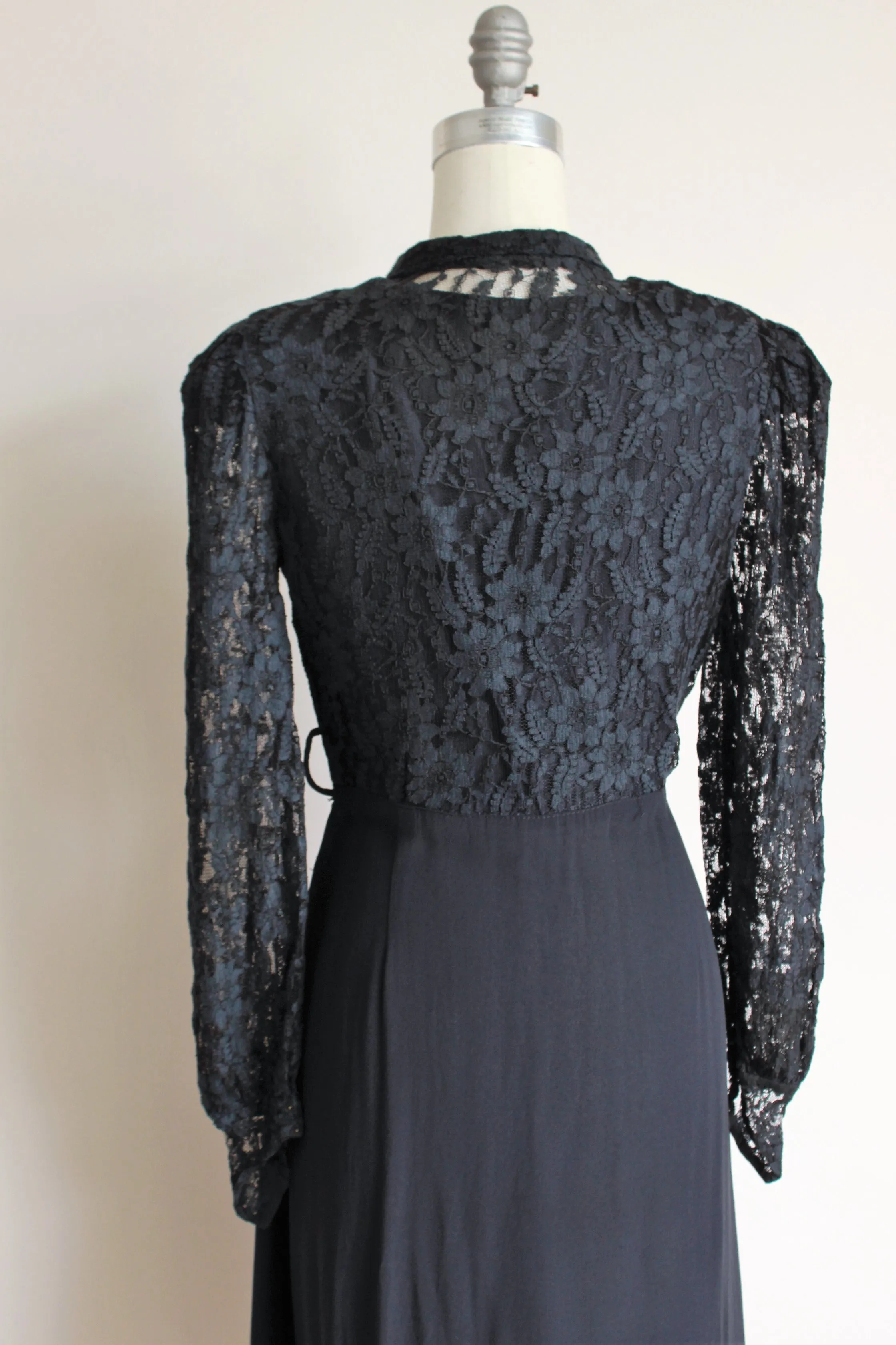 Vintage 1940s Black Rayon Dress With Lace Bodice