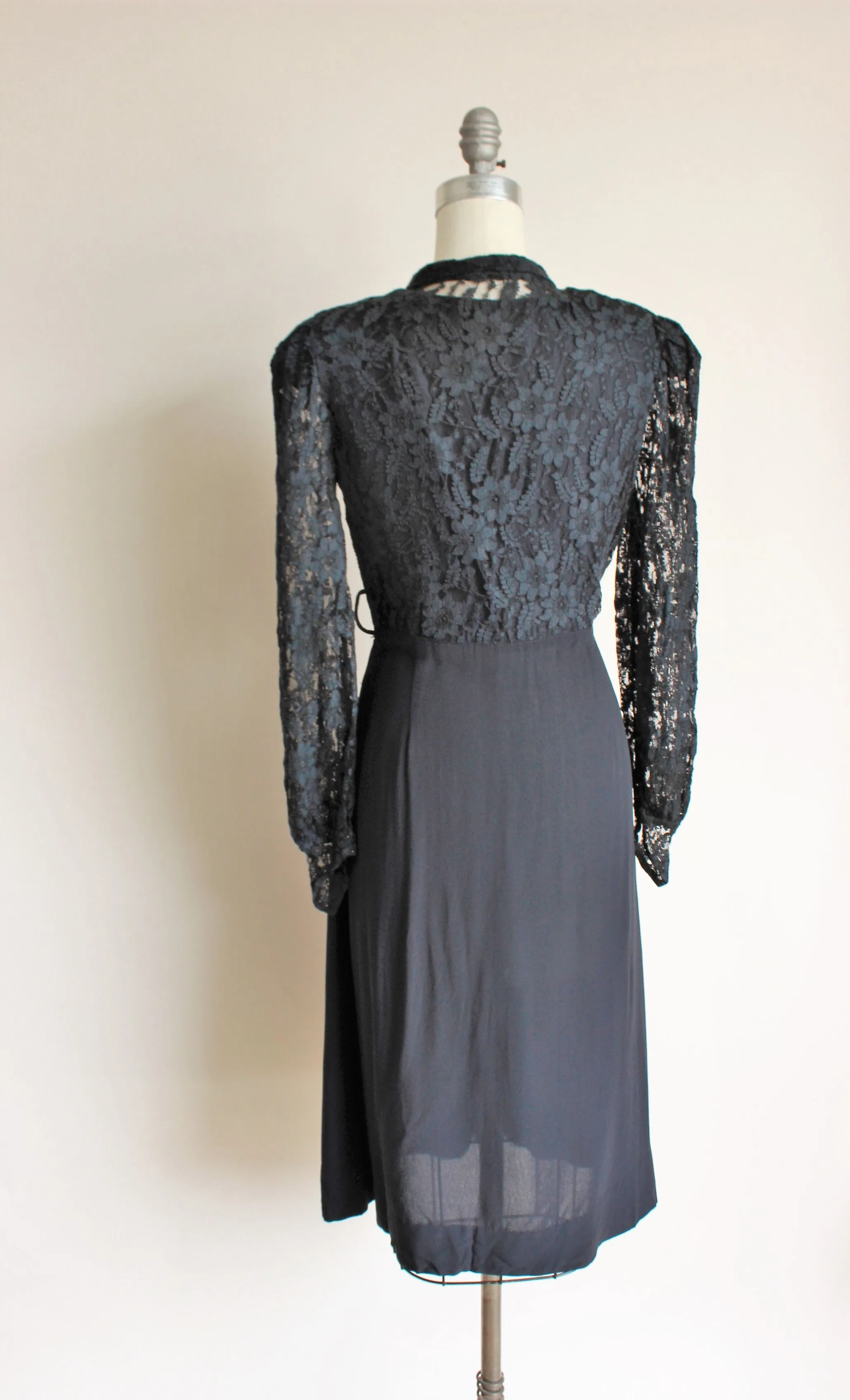 Vintage 1940s Black Rayon Dress With Lace Bodice