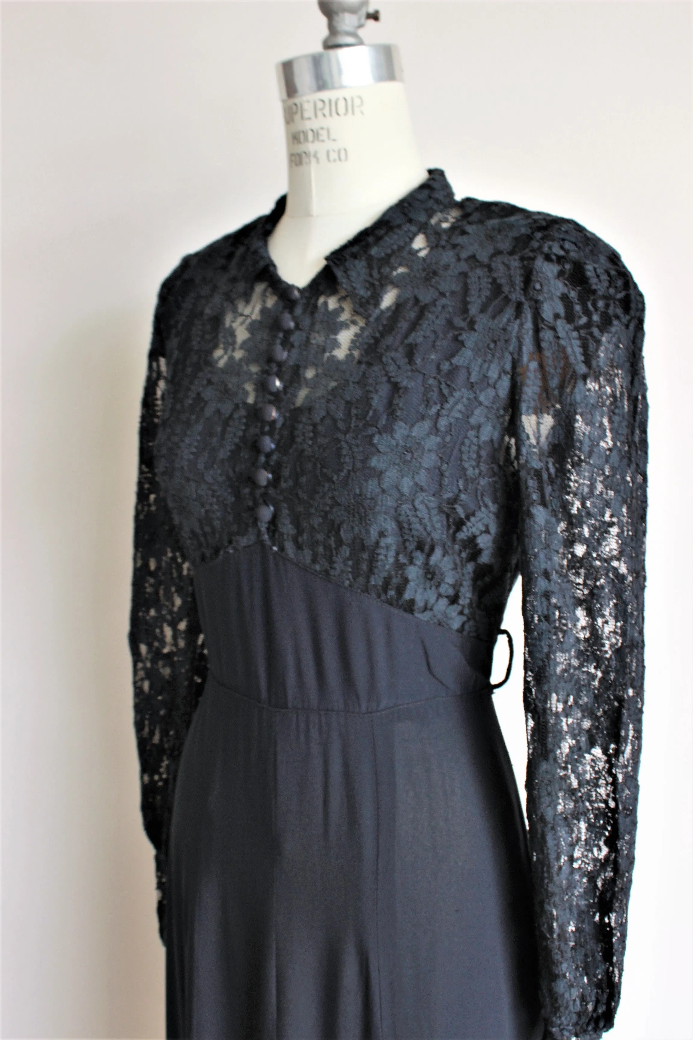 Vintage 1940s Black Rayon Dress With Lace Bodice