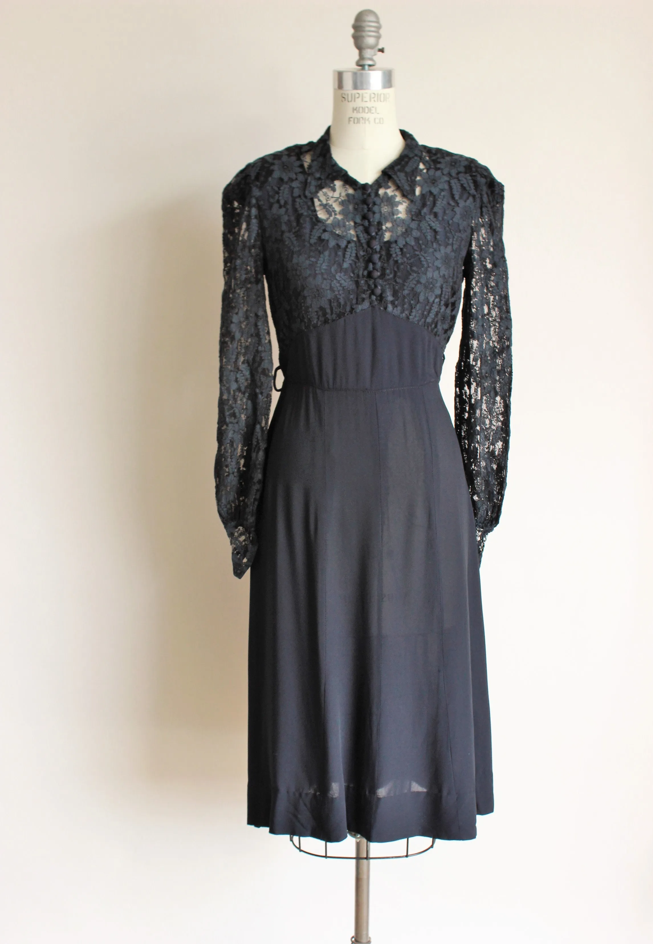 Vintage 1940s Black Rayon Dress With Lace Bodice