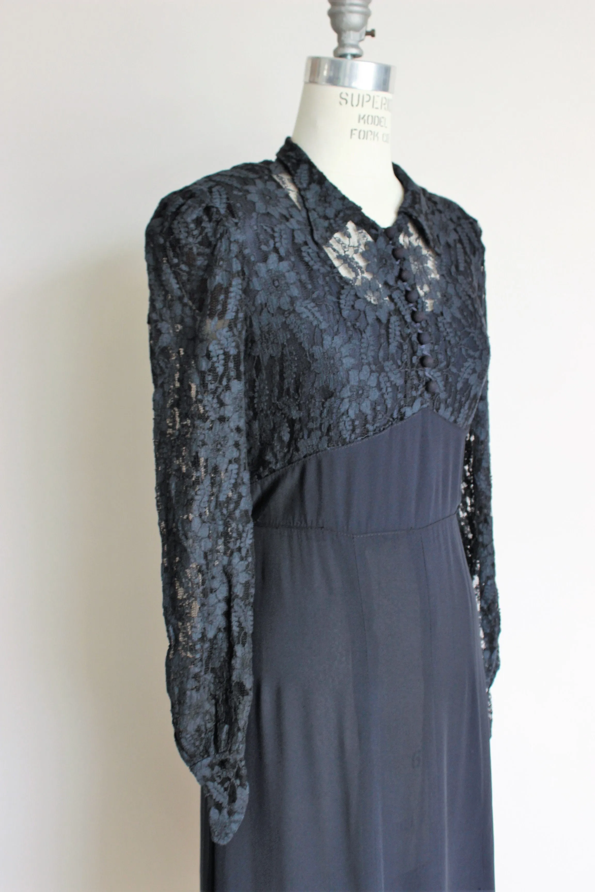 Vintage 1940s Black Rayon Dress With Lace Bodice