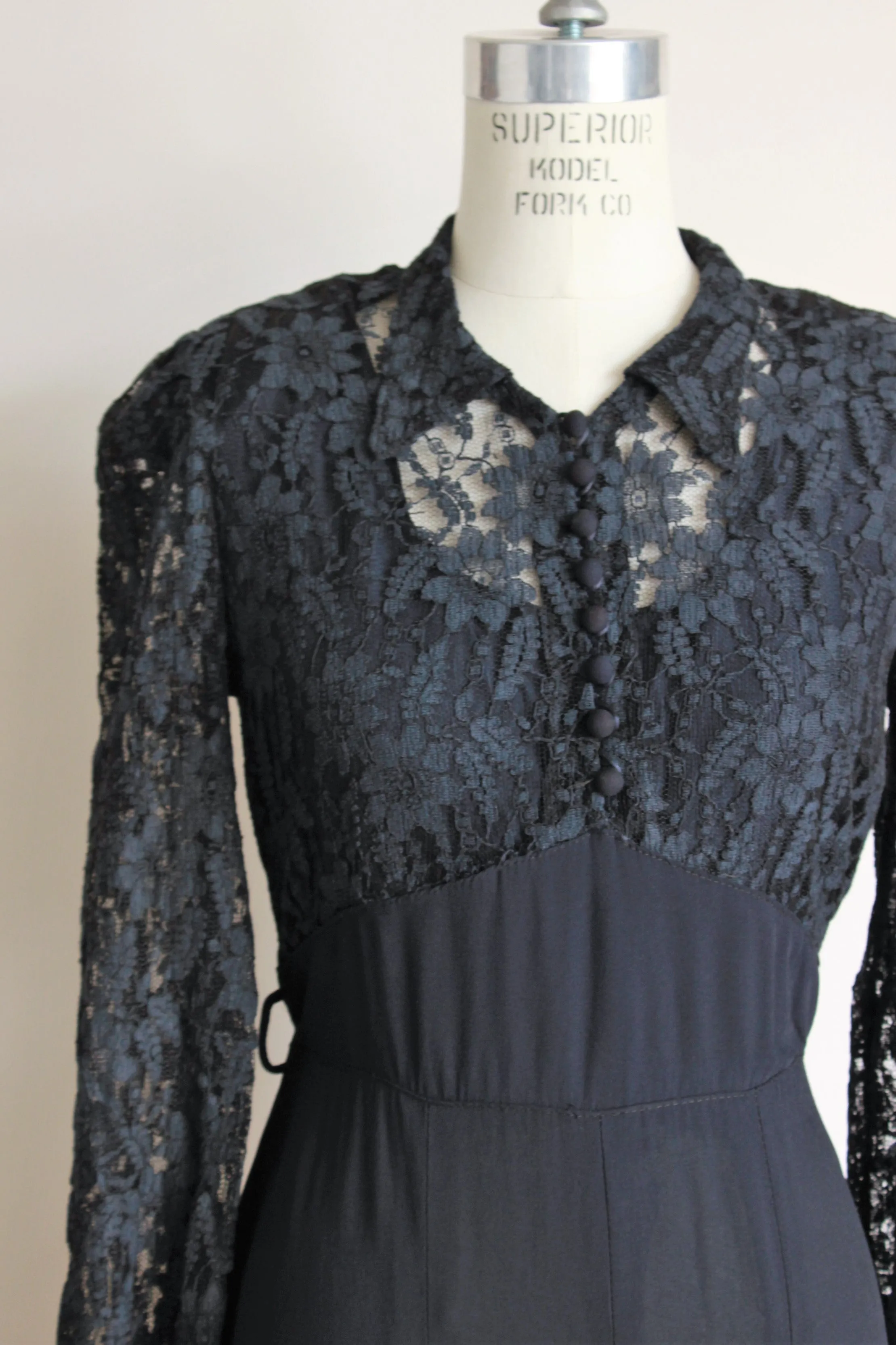 Vintage 1940s Black Rayon Dress With Lace Bodice