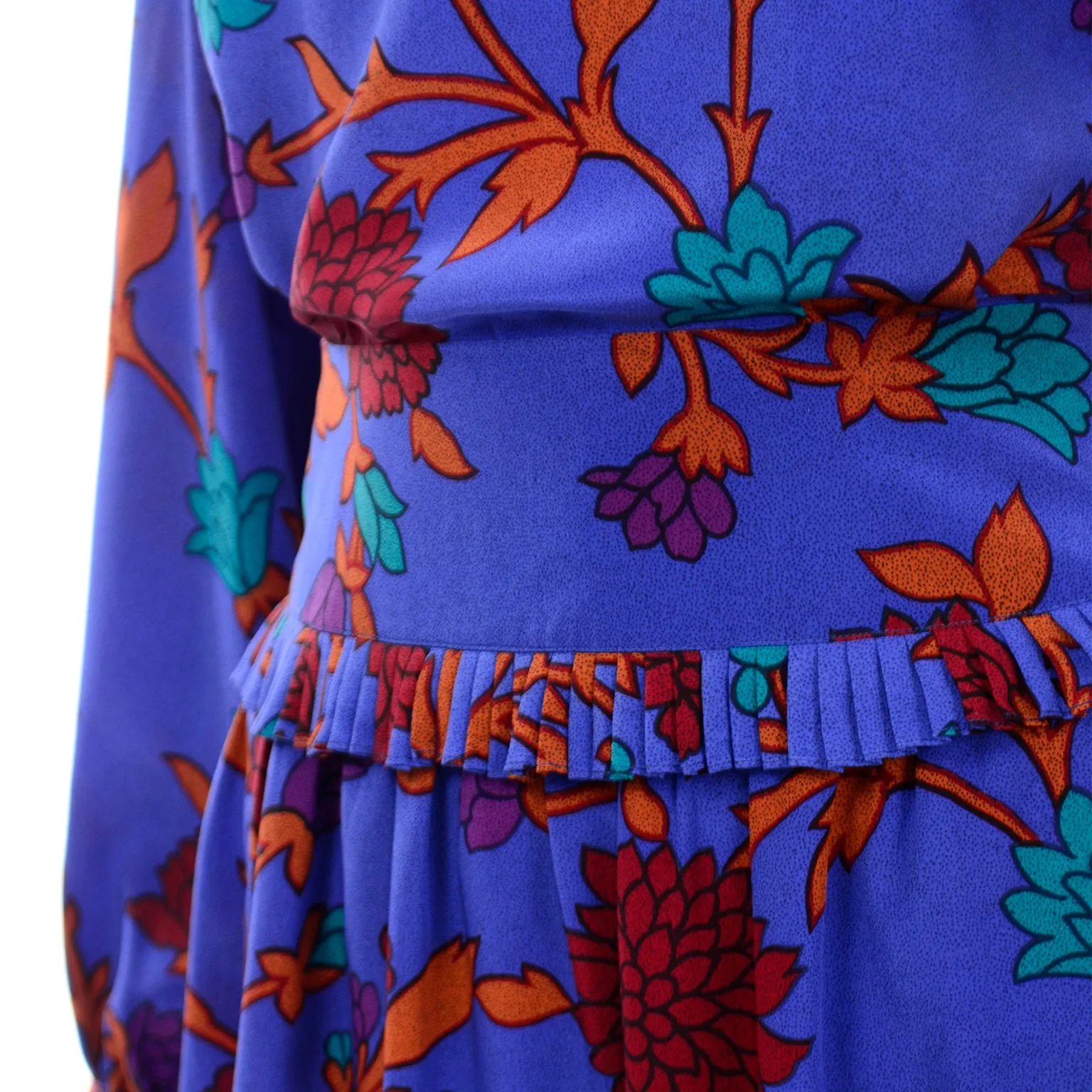 Vintage Albert Nipon Blue Silk 2 pc Dress With Teal Red & Orange Flowers