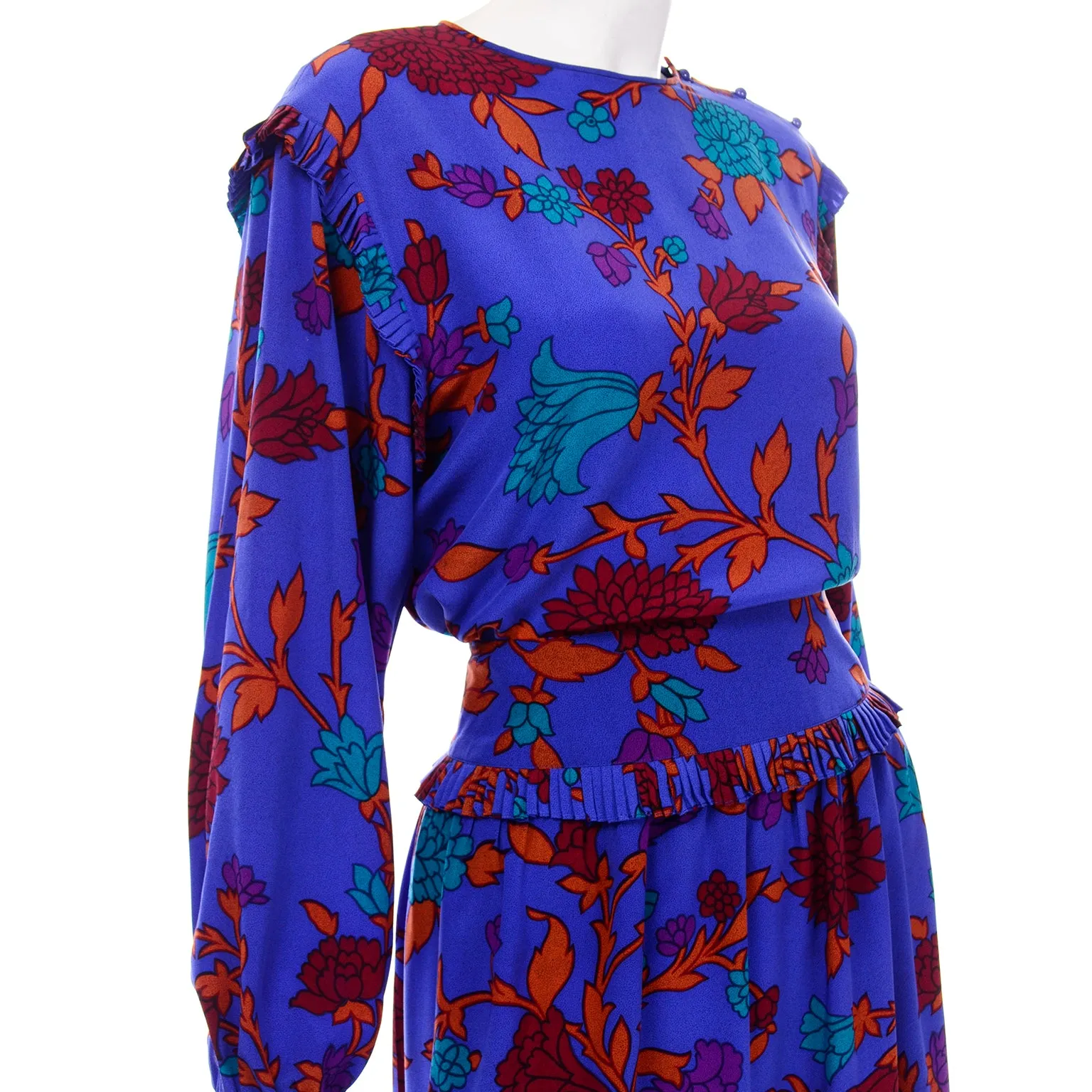 Vintage Albert Nipon Blue Silk 2 pc Dress With Teal Red & Orange Flowers