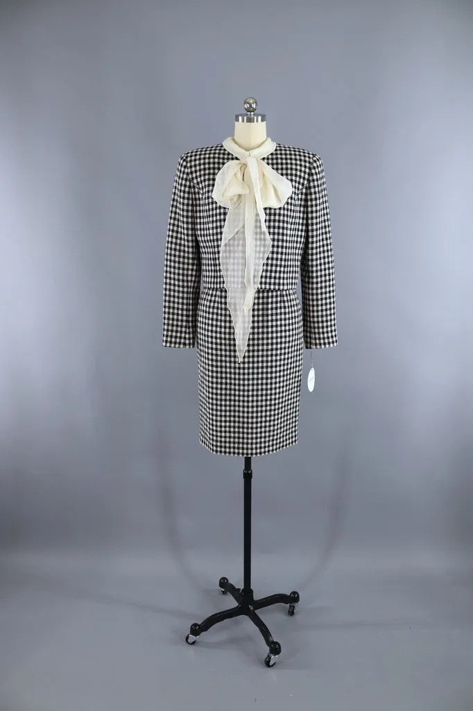 Vintage Valentino Miss V Suit / Gingham Wool with Silk Blouse & Scarf