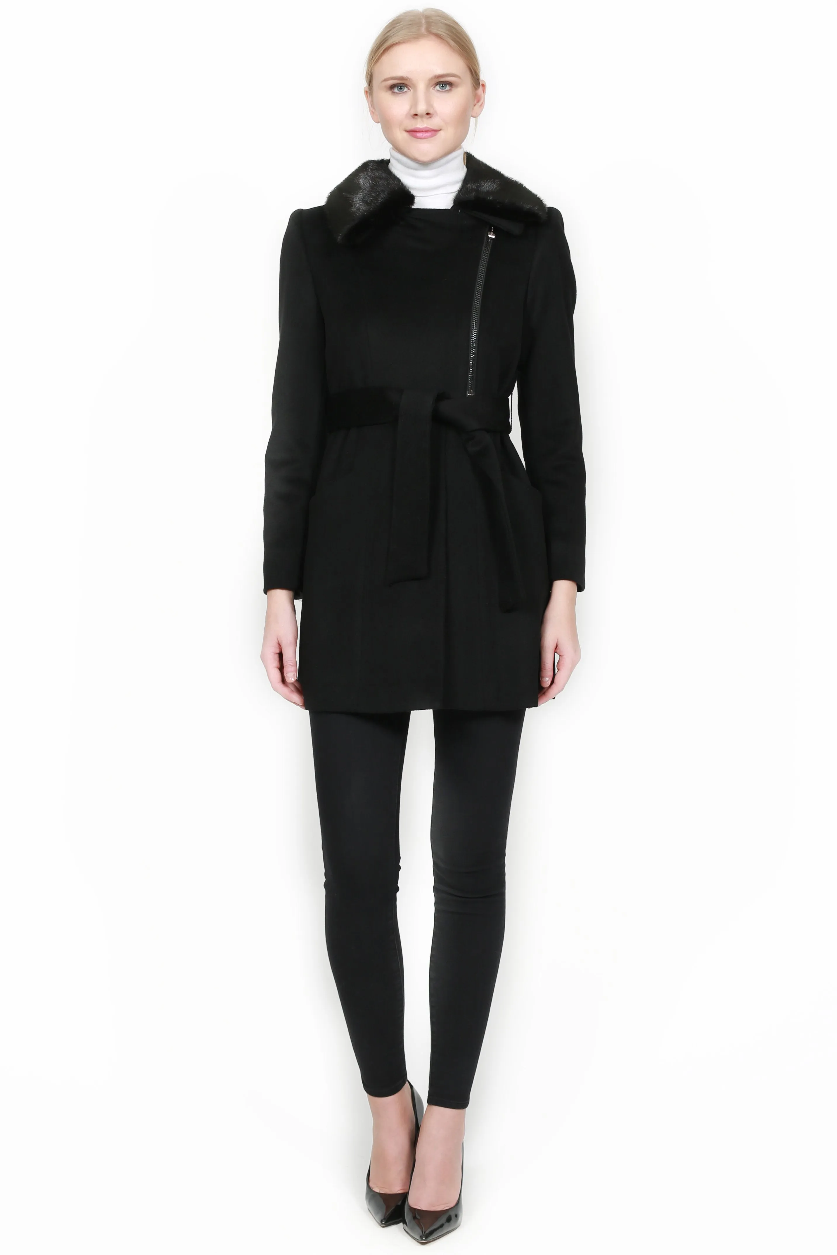 WISMAR - Cashmere Coat with Mink Collar and Belt