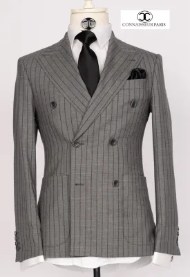 Zignone - Grey double breasted pinstriped 2-piece slim fit suit with wide lapel and patch pockets